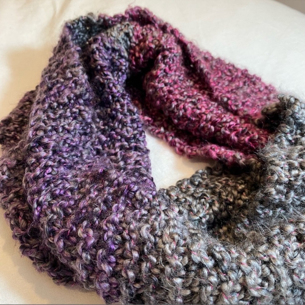 Hand Knit Infinity Scarf in Purple/Grey/Pink - Picture 4 of 8